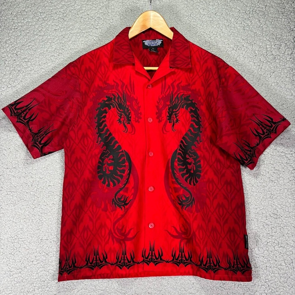 Vintage SIlver Point Button Shirt Mens Large Red‎ Dragon Barbed Wire Flames Y2K